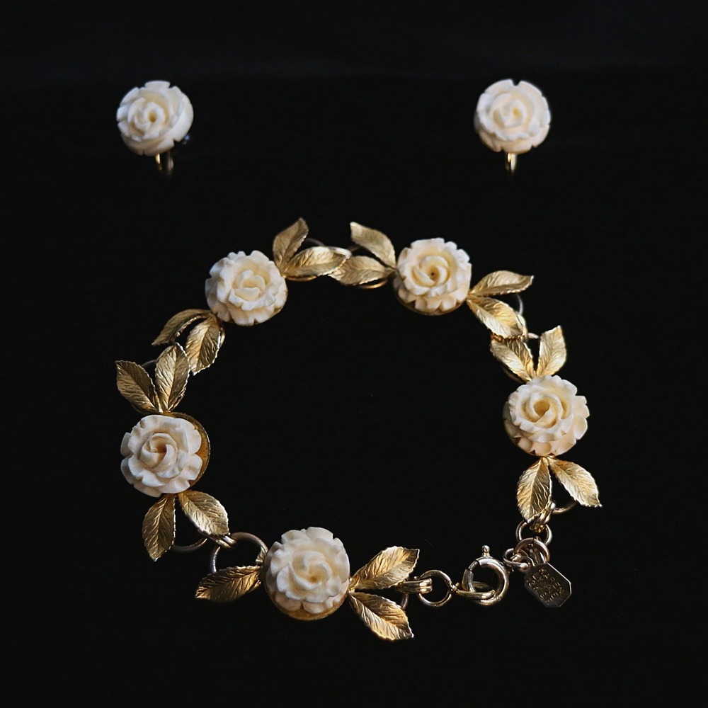 Vintage Karen Lynne 12k Gold Filled Carved Rose Bracelet and Earring Set Floral